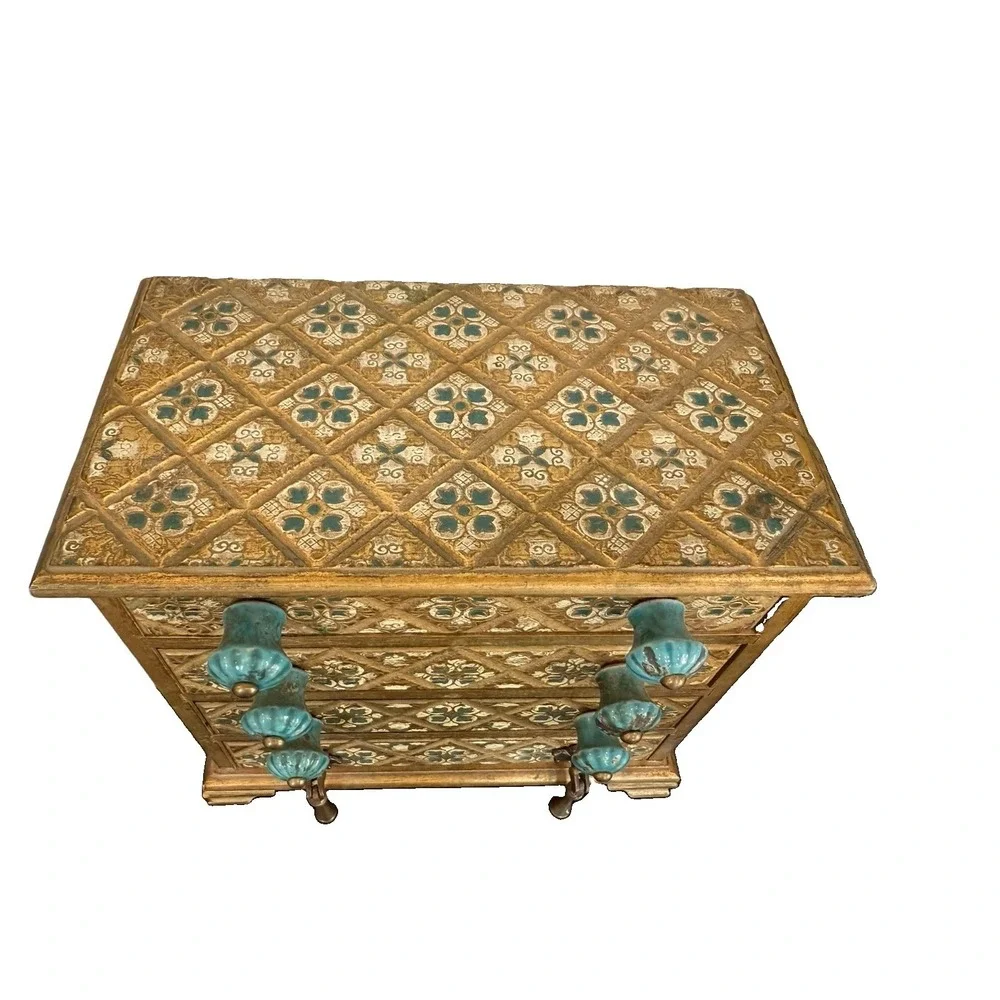 VTG Florentine Style Wooden Jewelry chest 4 Drawer Design Estate Ceramic Knobs